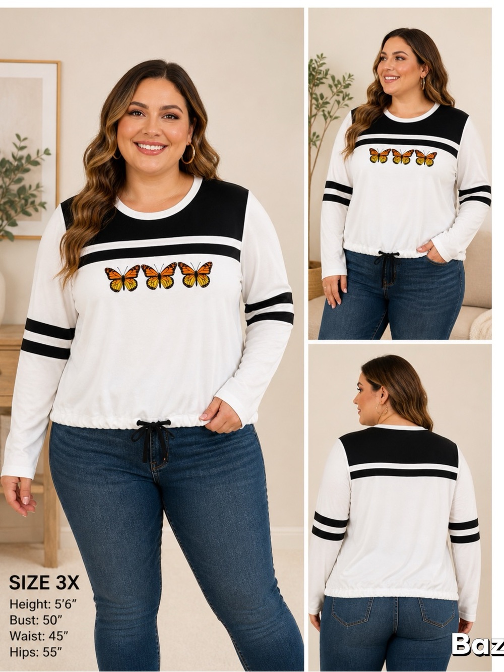 Sz 3x Monarch Butterfly Charm Colorblock Drawstring  Crop Top